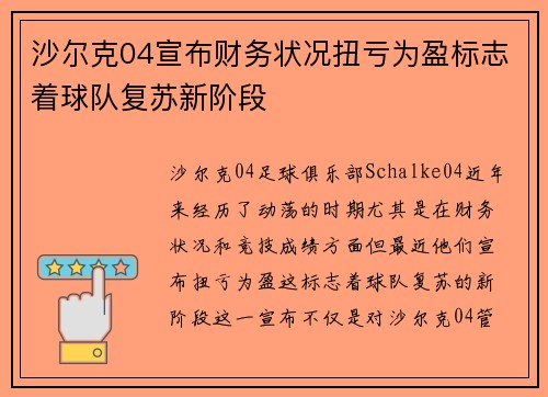 沙尔克04宣布财务状况扭亏为盈标志着球队复苏新阶段 沙尔克04宣布财务状况扭亏为盈标志着球队复苏新阶段