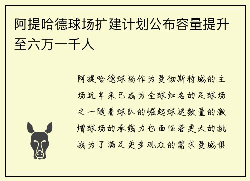 阿提哈德球场扩建计划公布容量提升至六万一千人